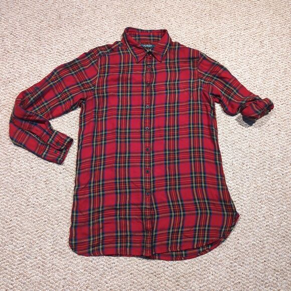 Lauren Ralph Lauren Button Up Shirt Womens Medium Red Plaid Roll Tab Sleeve - Picture 1 of 7